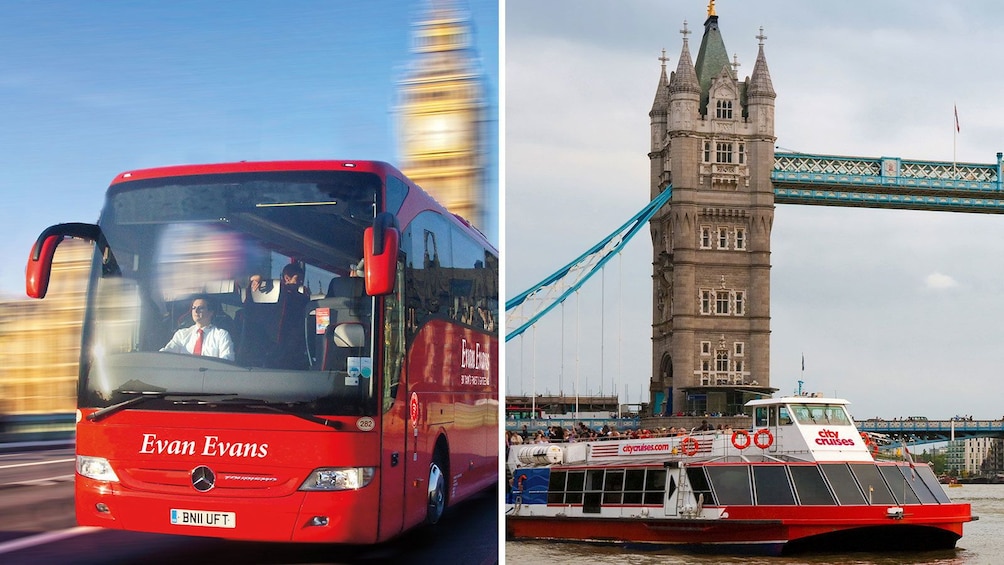 Split image of a bus tour of the city and a boat tour on the River Thames in London