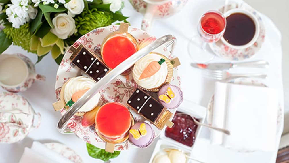 Aerial view of desserts and tea and champagne