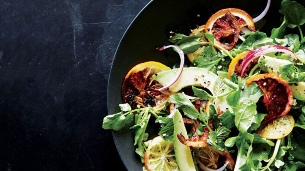 close up of citrus salad at cooking school