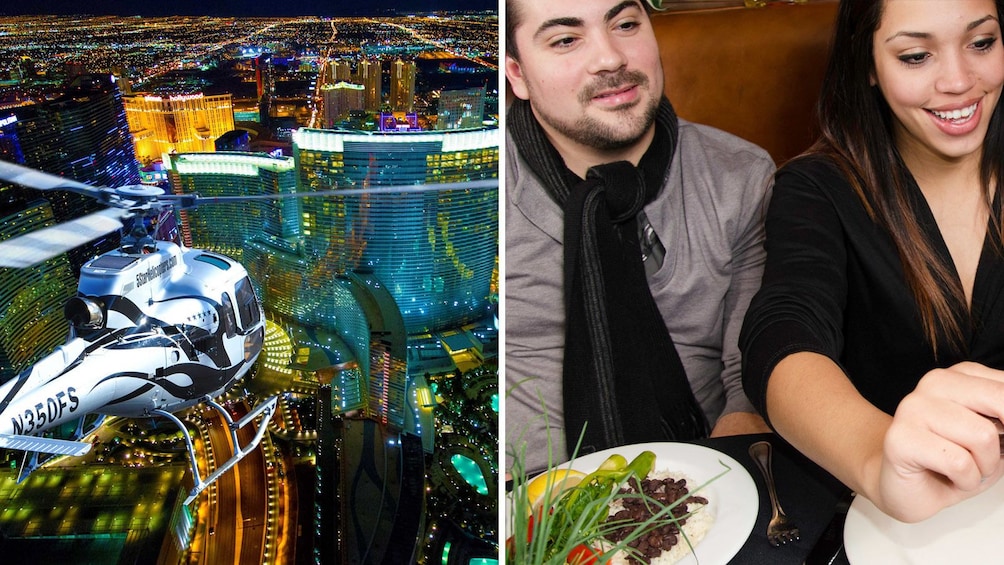 Helicopter flying over strip at night and couple enjoying food at restaurant.