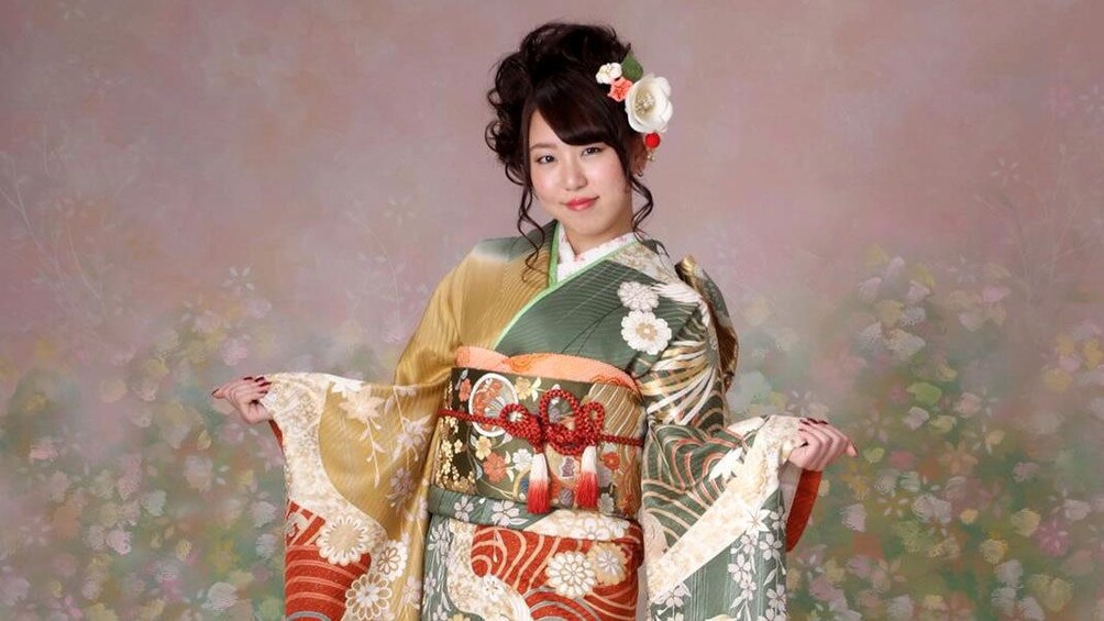 Show item 1 of 5. Woman wearing a kimono in a Nagoya studio