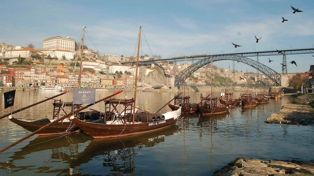 Small boats in the Oporto Harbor in Portugal