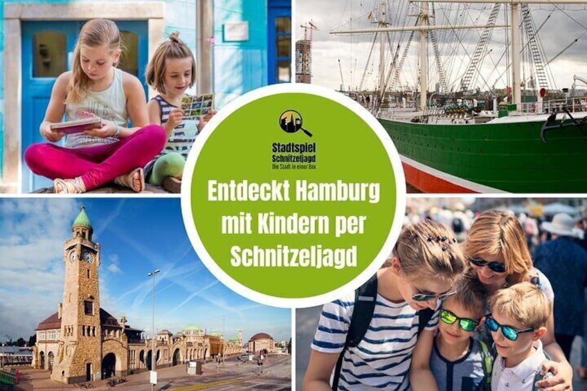 City game scavenger hunt Hamburger Hafen for children - exciting city tour