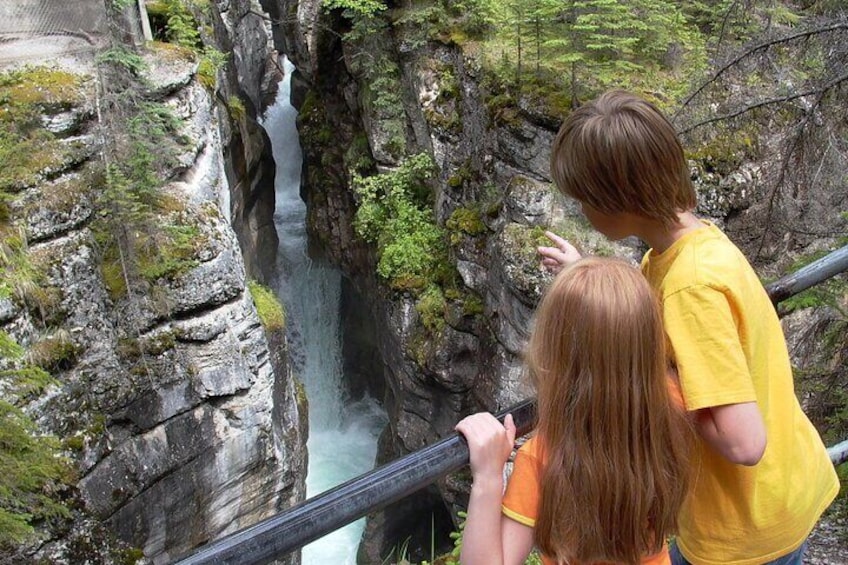 Spectacular views of flowing waterfalls throughout the Maligne Canyon.