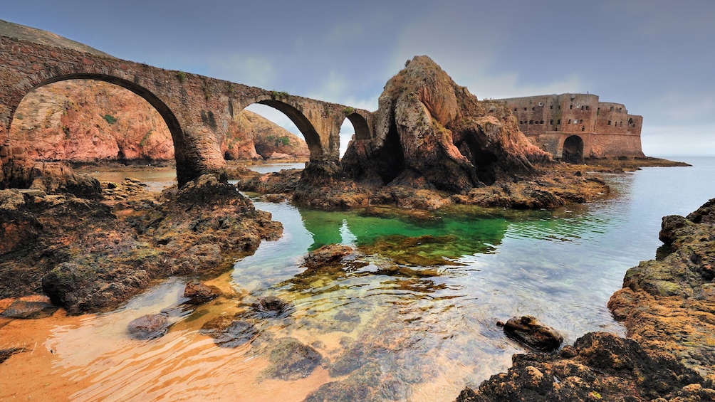 Fortress and elevated stone walkway on the water in Berlengas Islands