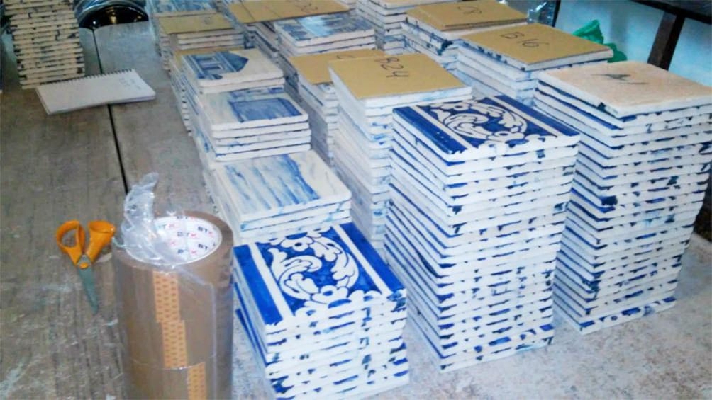 Stacks of blue and white tiles in Lisbon 