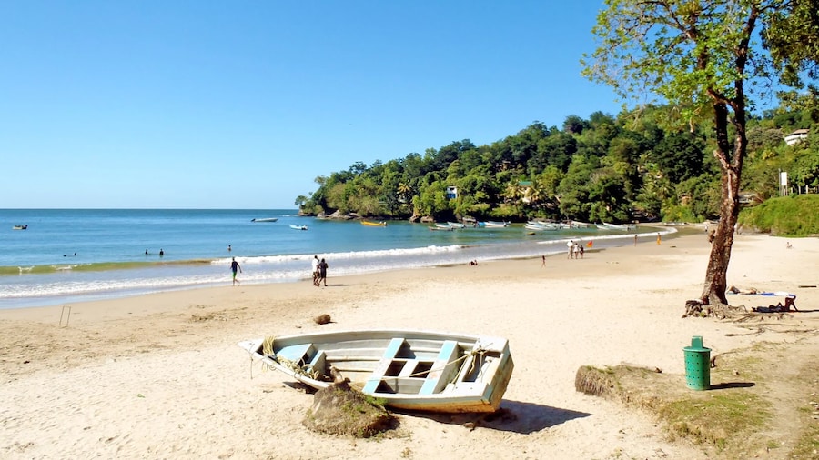 lone wooden boat on the beach in Trinidad and Tobago