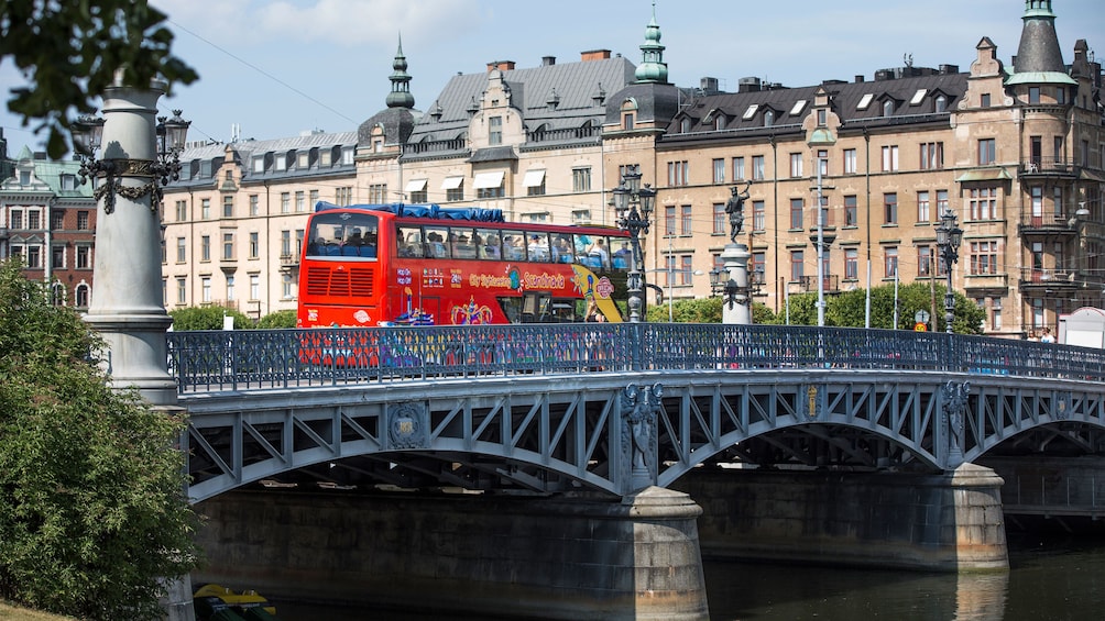 Hop-on hop-off bus on a bridge in Stockholm