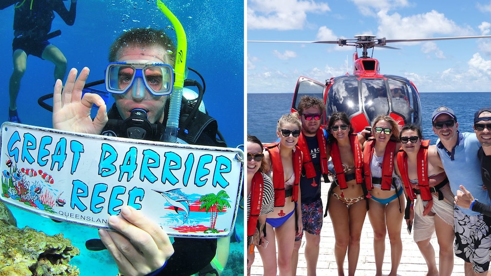 Combo image of the diving the Great Barrier Reef and Helicopter flight in Cairns