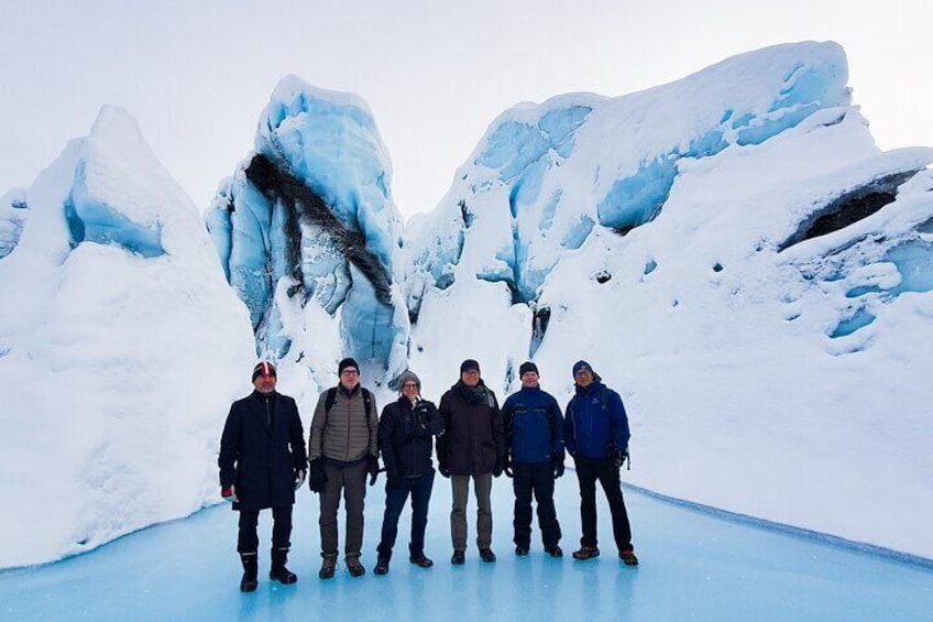 Walking on overflow ice at the face of the glacier