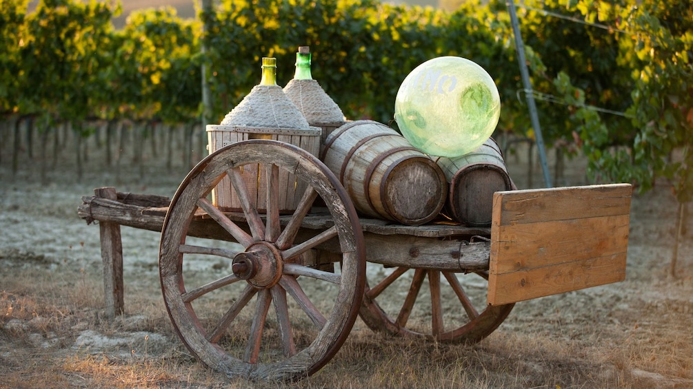 Barrels of wine on a cart in a Tuscan vineyard