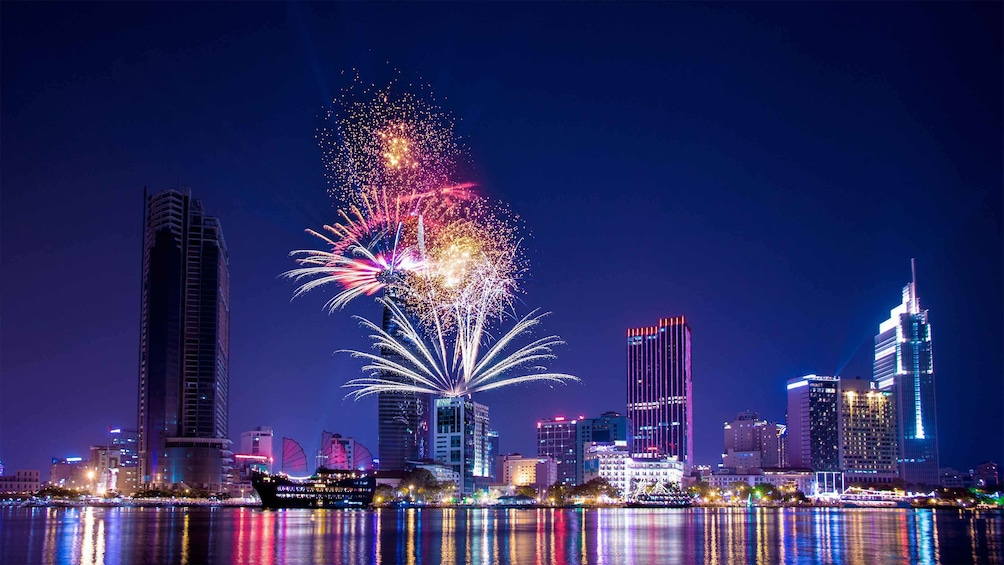 Show item 4 of 9. View of stunning fireworks from the Saigon Skydeck-Bitexco Financial Tower in Ho Chi Minh City