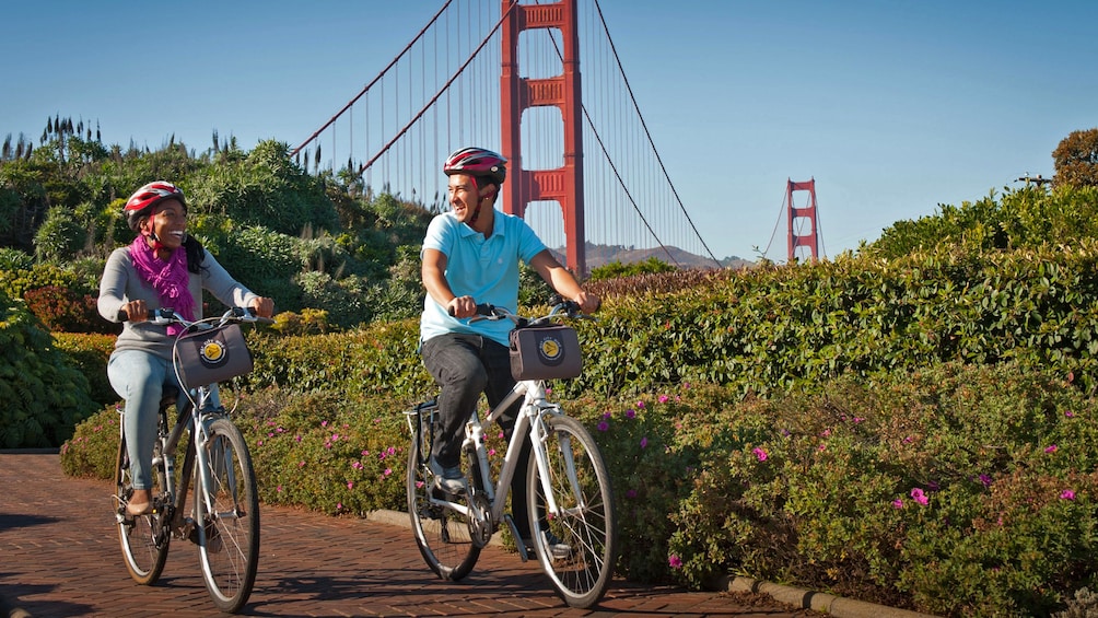 bicyclists near the golden gate bridge in san francisco