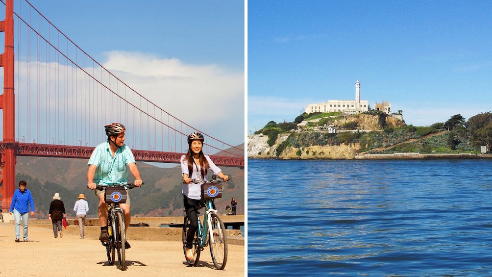 Combo image of Golden Gate Bridge and Alcatraz