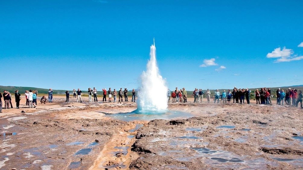 People gathered around a Geyser in Iceland