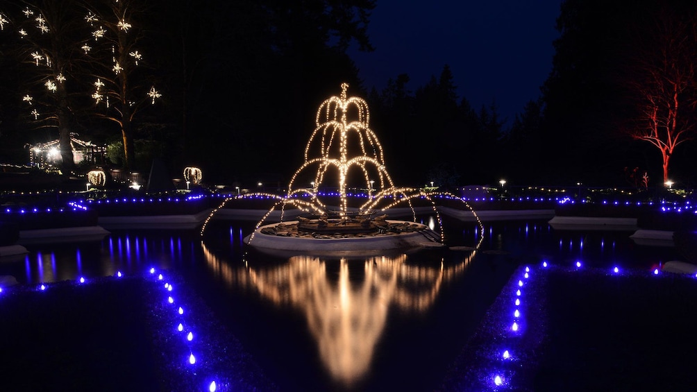 Fountain and holiday lights at Butchart Gardens in Victoria
