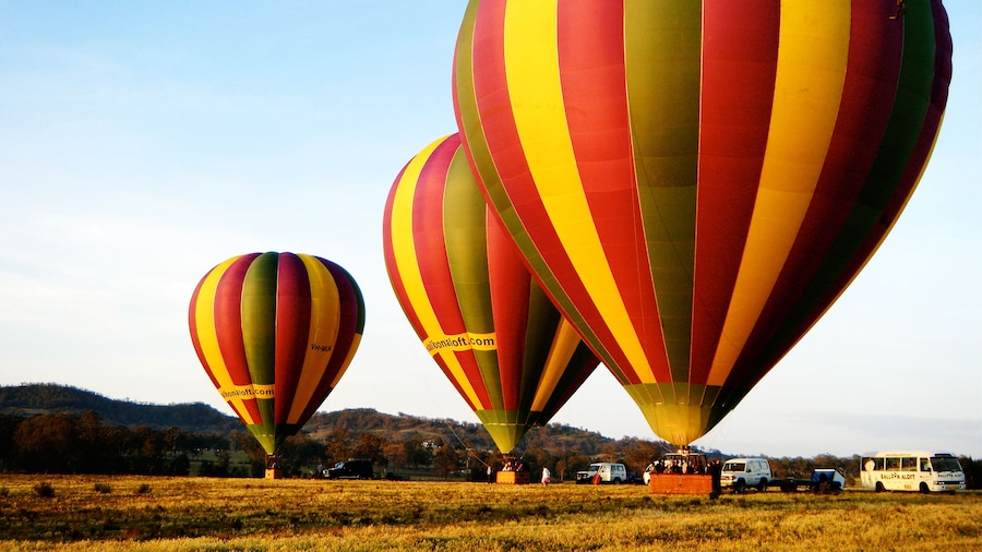 three inflated hot air balloons in Hunter Valley