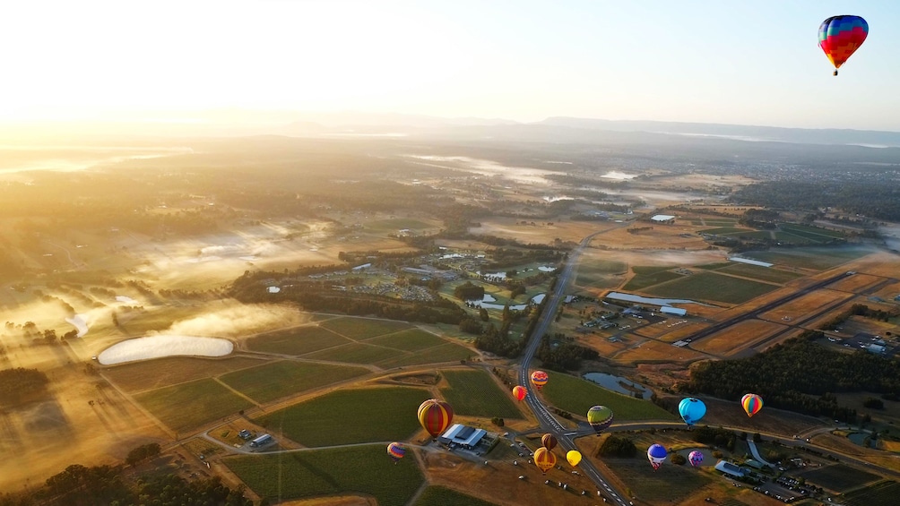 several hot air balloons float high above landscape in Hunter Valley