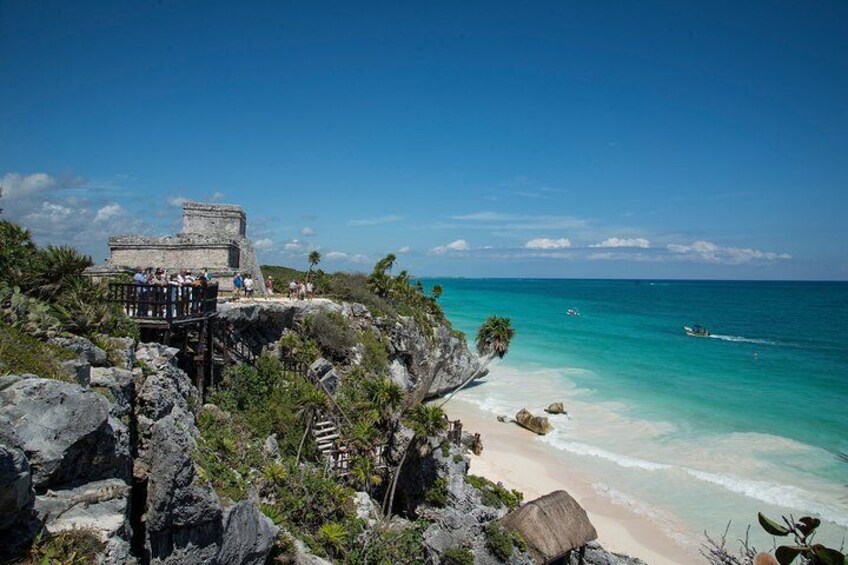 The 13th-century, walled Mayan archaeological site at Tulum National Park overlooks the sea.