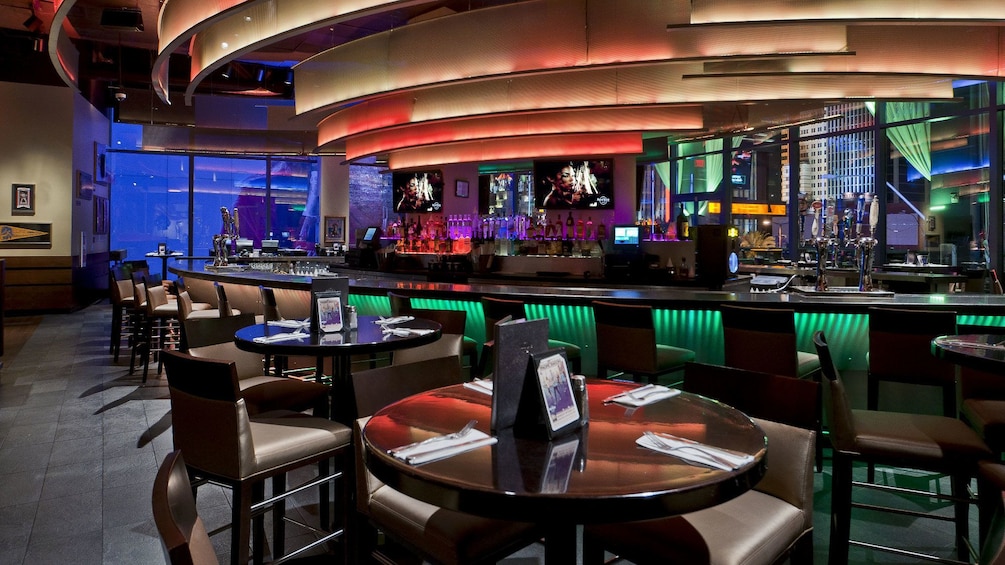 Enjoy food and beverage at the bar of the Hard Rock Cafe on the Vegas strip