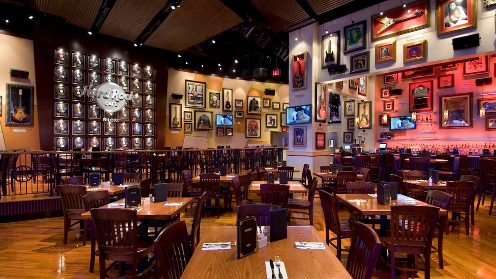 Music memorabilia decorates the walls of the dining area at the Hard Rock Cafe in Biloxi