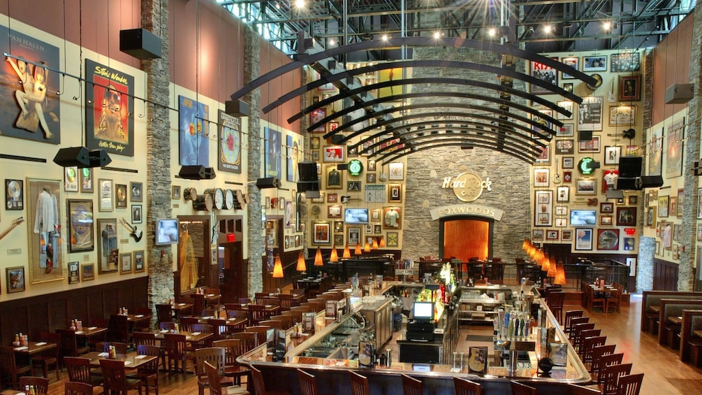 View of the bar and seating area inside Hard Rock Cafe Foxwoods