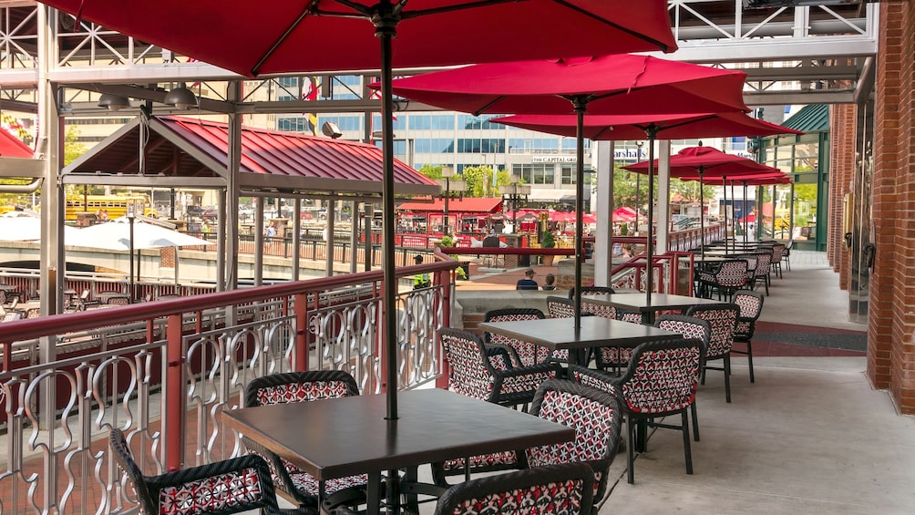 Patio seating at the Hard Rock Cafe in Baltimore