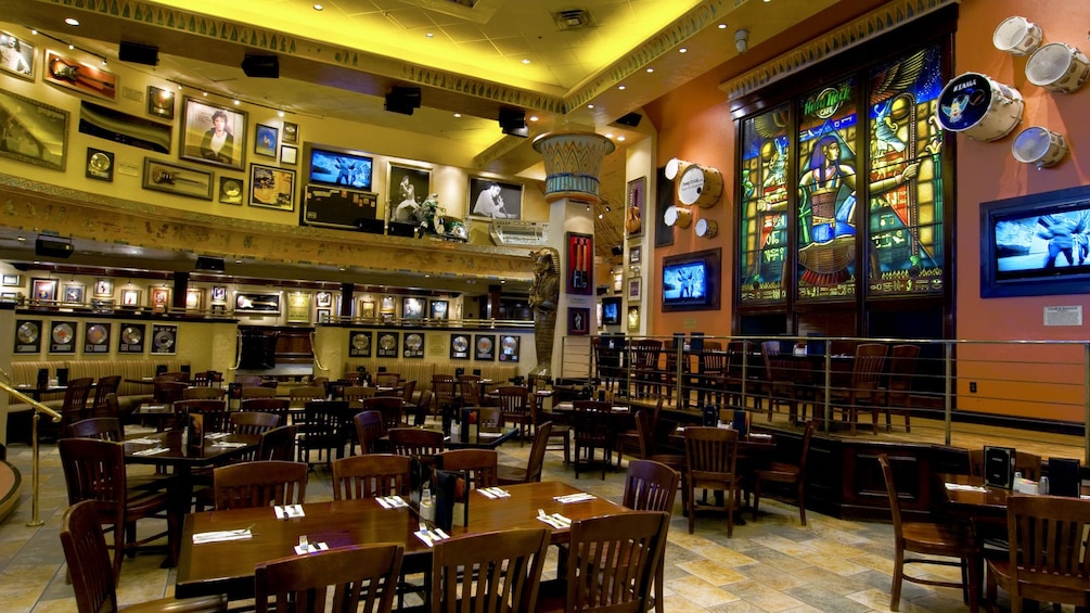 Dining room with a stained class window at the Hard Rock Cafe in Myrtle Beach