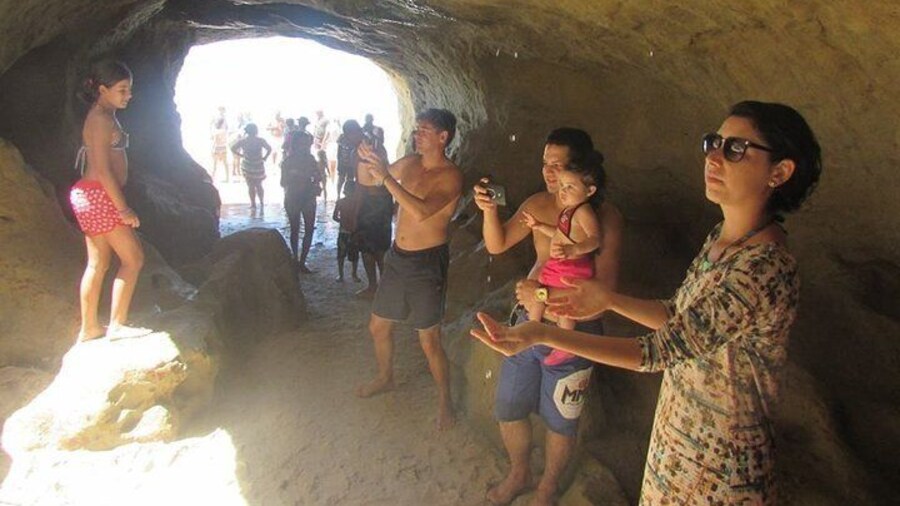 In the freshwater cave at Praia das Fontes.