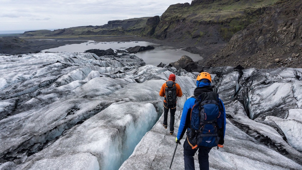 Hiking pair on a glacier in Reykjavik