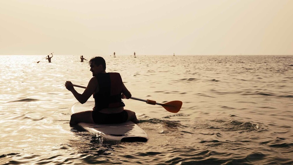 Sunset view of paddle boarding in San Diego 