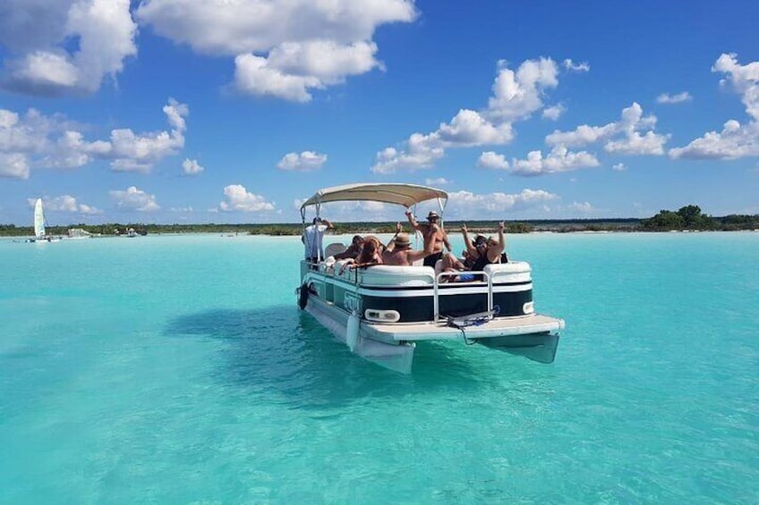 Magical BACALAR TOUR with Pontoon Boat ride. (Transportation + Breakfast + Food)