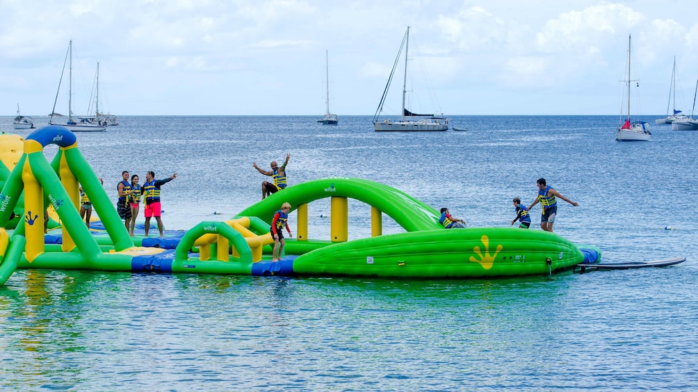 Show item 5 of 10. Floating rafts at Splash Island Water Park in St Lucia
