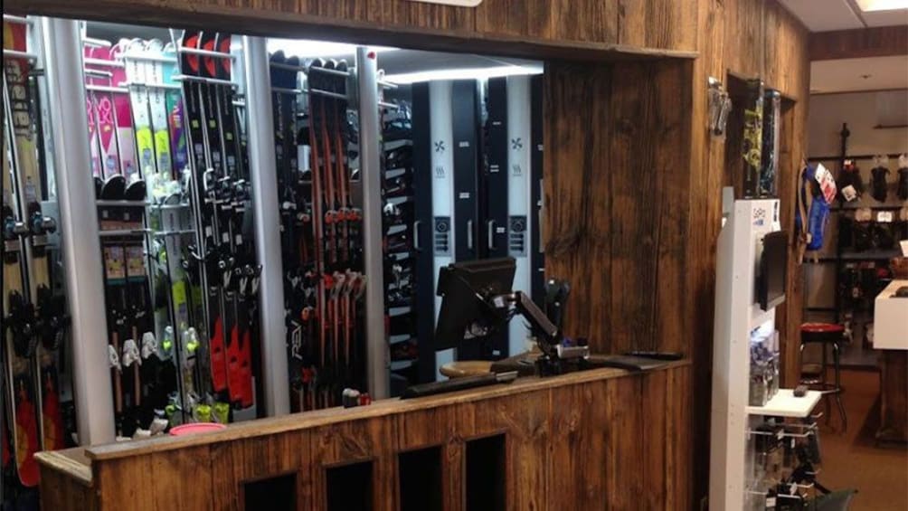 Various ski equipment for rent in a shop in Aspen