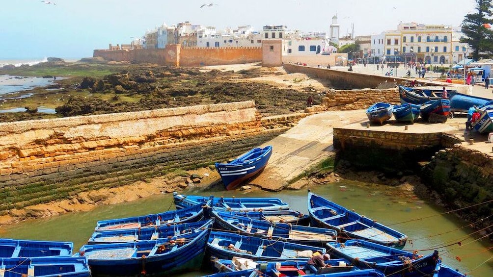 small fishing boats huddled in the bay in Essaouira