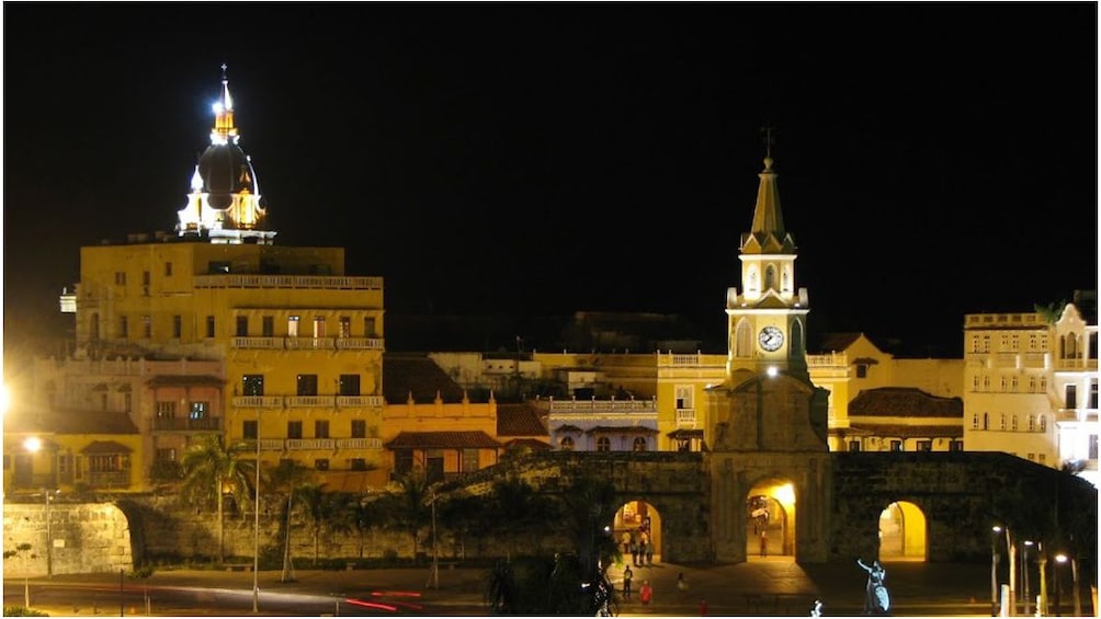 Colombian plaza at night