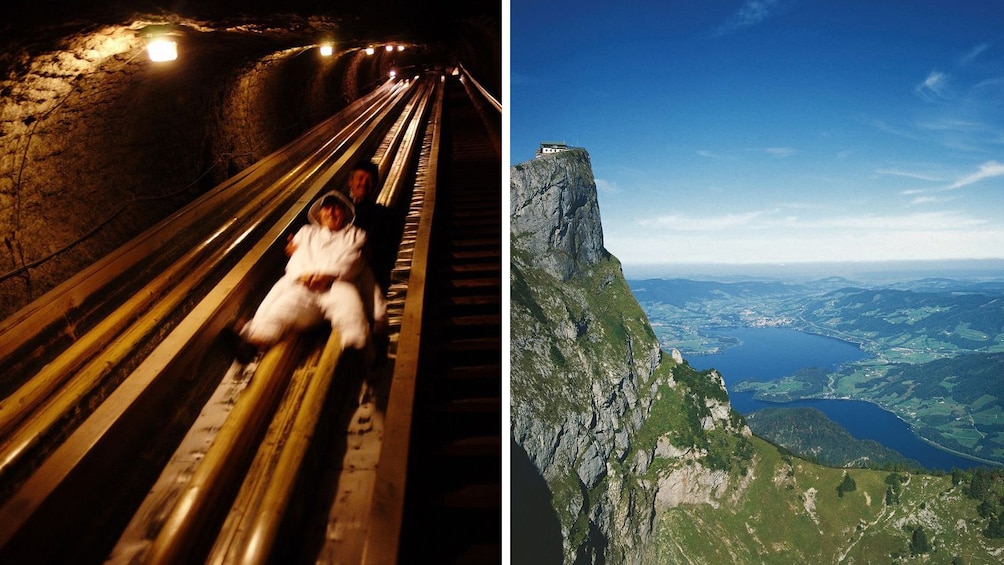 Foto 1 von 3 laden Combo image of two men sliding in a Salt mine and the Bavarian Alps