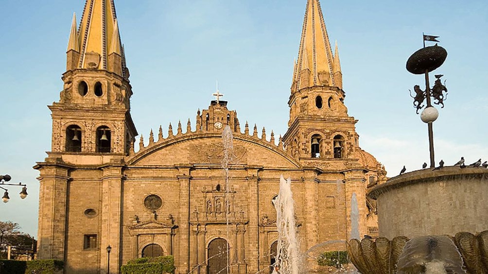 Guadalajara cathedral with fountains in front in Guadalajara.