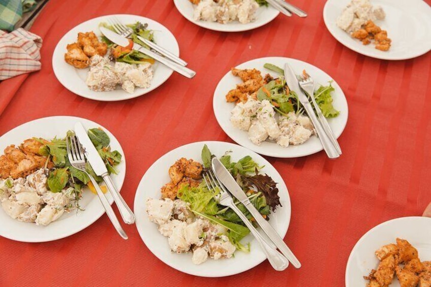 Lunch includes of BBQ chicken, green salad and potato salad. We can cater to dietary requirements.