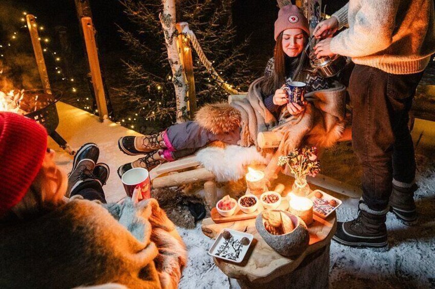 Glass Igloo Campfire Dinner under Northern Lights 