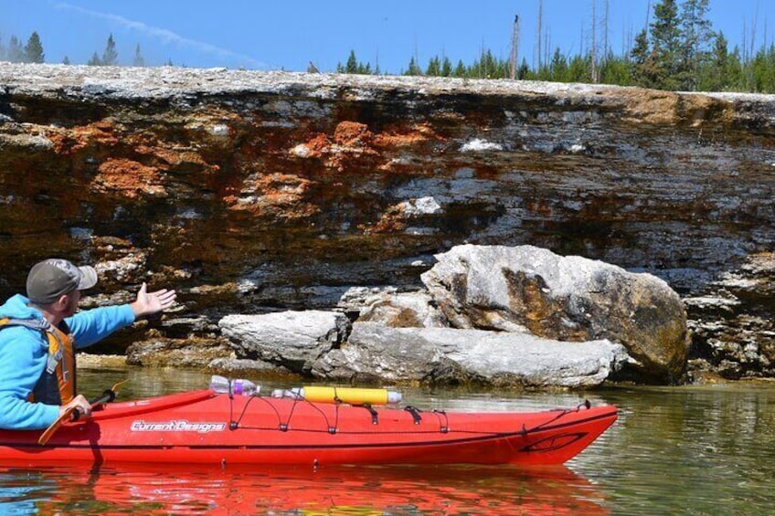 Thermal waterfalls over this small cliff with hot springs as the source. This trip is an amazing way to see west thumb geyser basin not on a boardwalk with crowds but in your kayak.