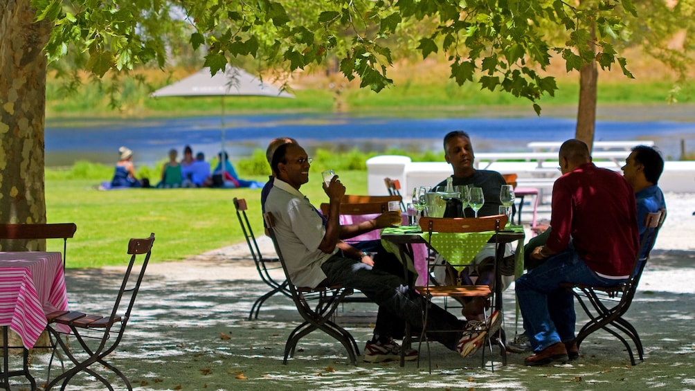 Men drink wine around a table outside