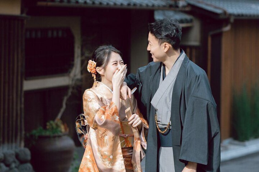 Couple Kimono Portrait in Ancient Street