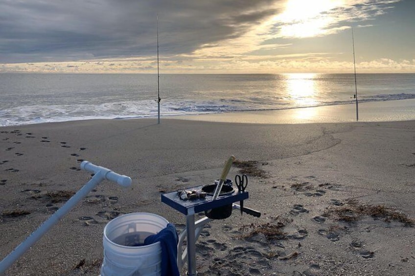 Sunrise setup for a beautiful day of surf fishing along Florida beaches 