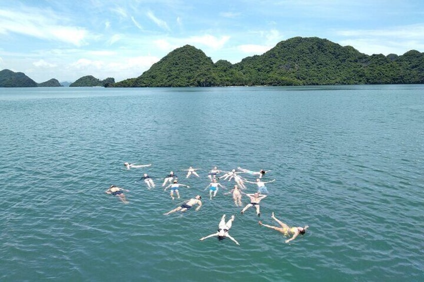 swimming in the middle of Ha Long bay