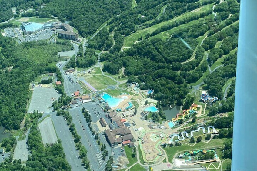 Pocono outdoor and indoor waterparks - view from Hop On Air airplane tour.