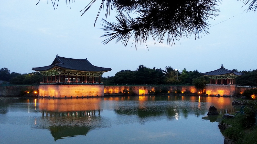 Anapji pond with temples at night in Gyeongju