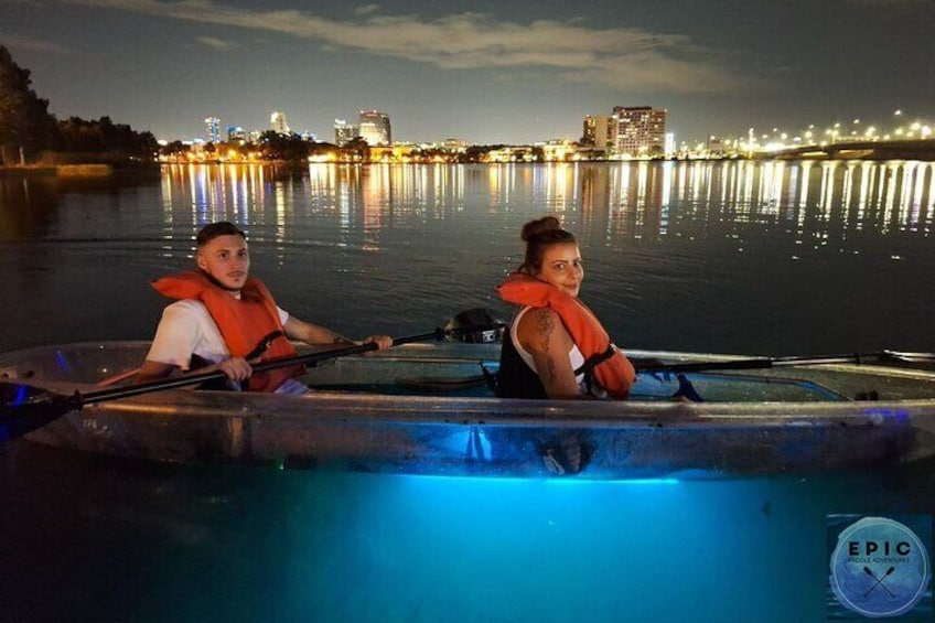 Date Night Neon Glow Clear Kayak or Clear Paddleboard & Champagne