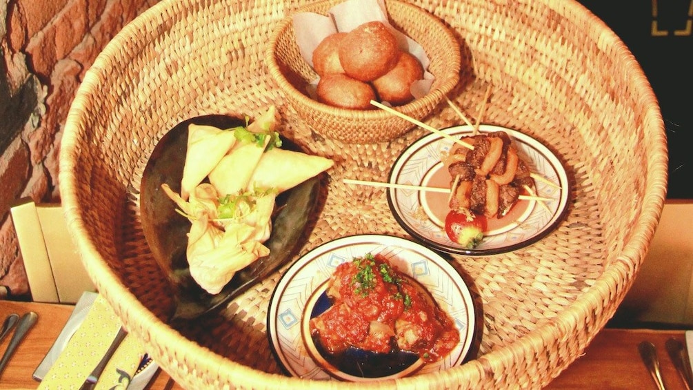 A basket of plates of food