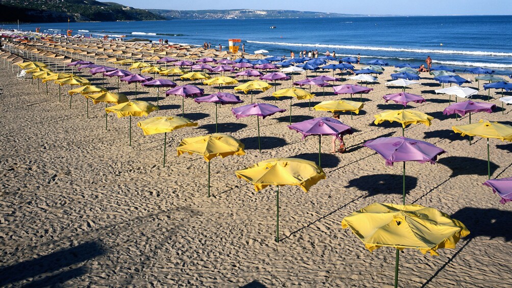 View of the beach with chairs and umbrellas in Bucharest